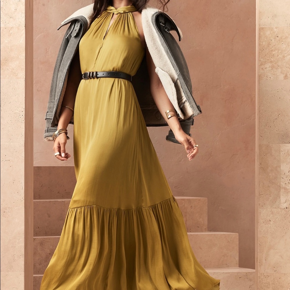 Gold Satin Twisted Maxi Dress Banana Republic SMALL